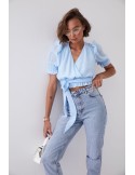 Short blouse with a belt, blue 20580 - Online store - Boutique